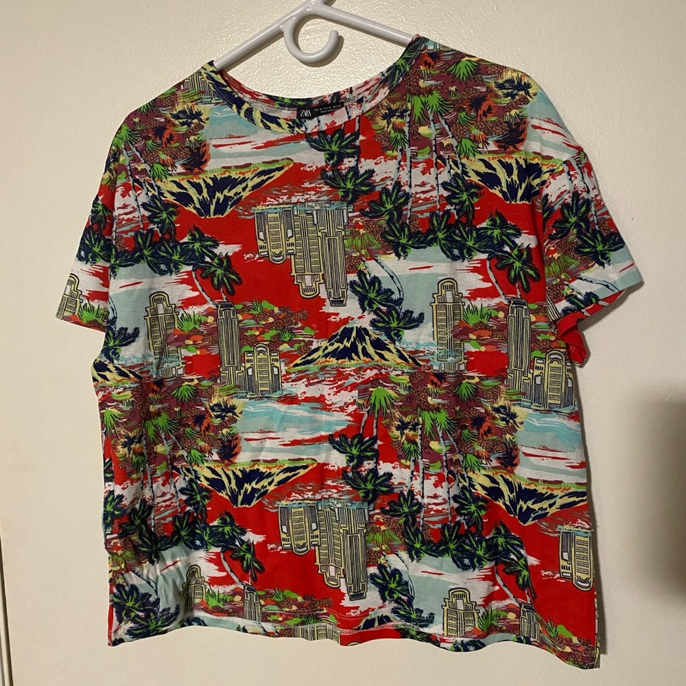 ZABA Mexico Tropical Print Cropped Oversized Tee